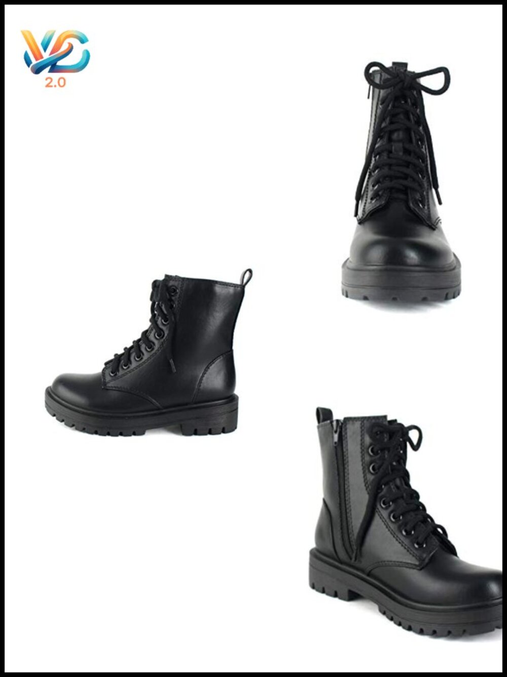 Lug Sole Combat Ankle Bootie Lace Up with Side Zipper Leather